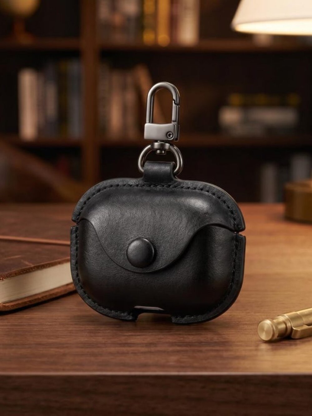 Black AirPods Vintage Leather Case - Brass Hardware Clip